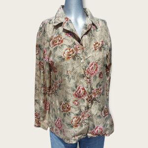 VINTAGE Creamy Floral Silk Button Down Medium
